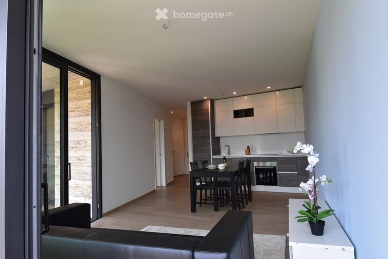 Modern open-plan living and dining area with a black leather sofa, a dining table with chairs, a small flower pot on a white side table, and a sleek kitchen with white cabinets and stainless steel appliances.