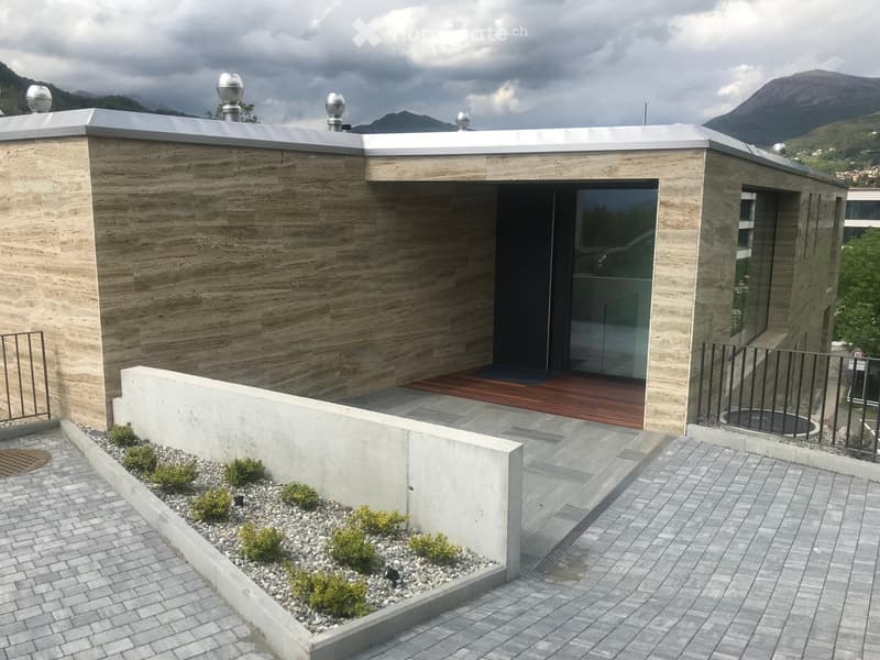 Modern, minimalist building with a flat roof, large glass windows, and a small landscaped garden area with low shrubs and gravel.