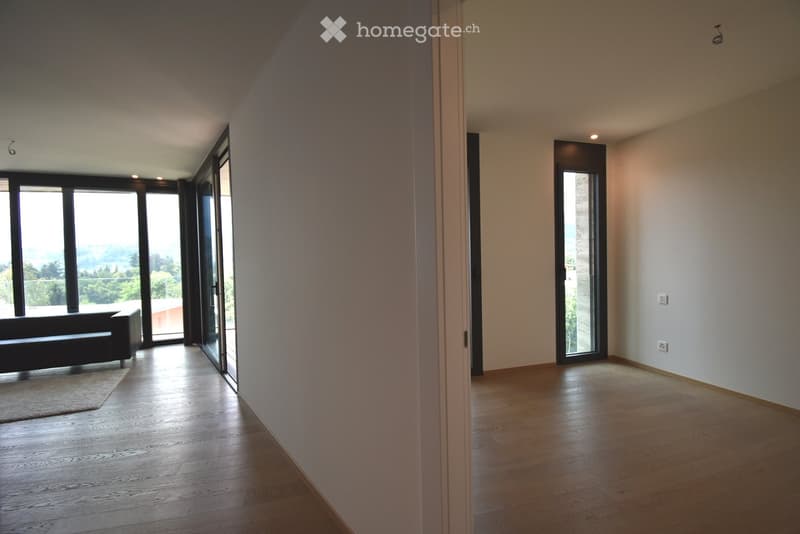 Modern, minimalist living room with wooden flooring, large glass doors leading to a balcony, and a black sofa visible in the corner.