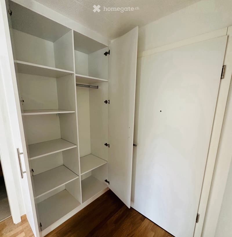 Empty closet with white walls, wooden floor, and multiple open shelves. No furniture or items present.