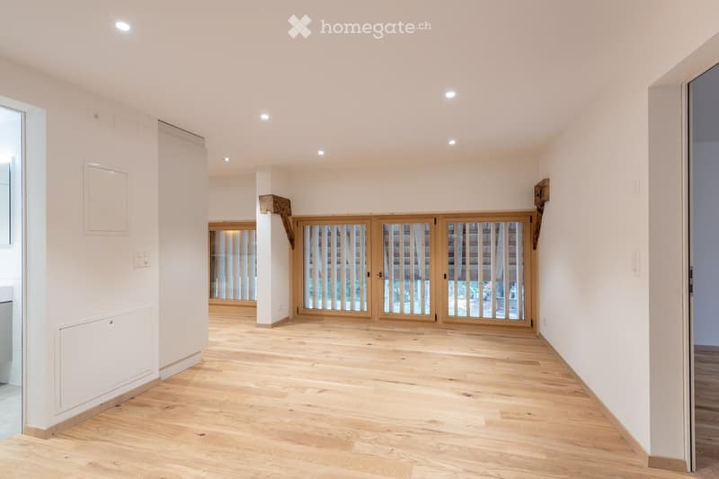 Bright, minimalist hallway with light wooden flooring, white walls, recessed ceiling lights, and large wooden-framed glass doors leading to an outdoor area.