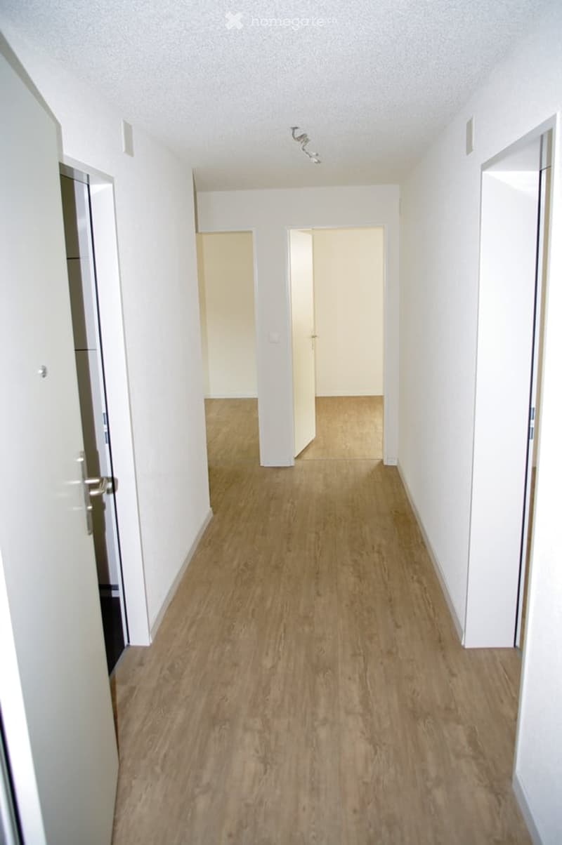 Empty hallway with light wooden flooring, white walls, and several doors leading to other rooms.
