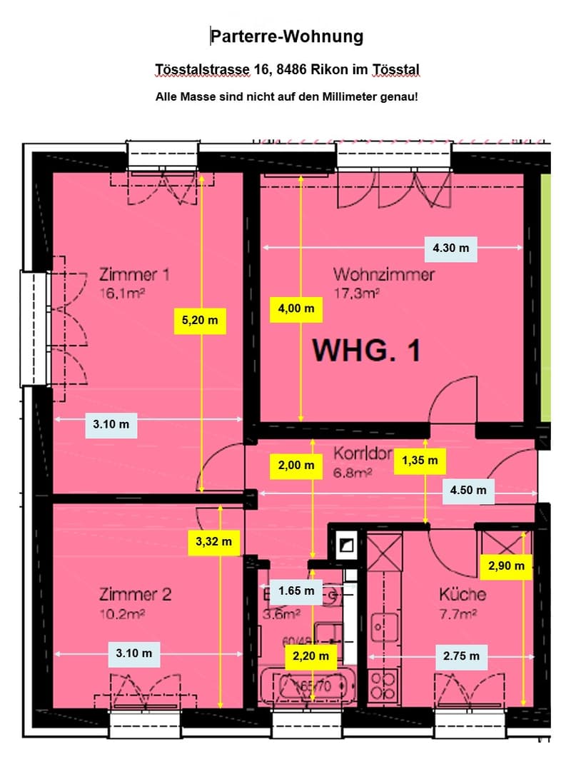 Floor plan of a 1-bedroom apartment with living room, two bedrooms, kitchen, and hallway. Dimensions and room labels are provided.
