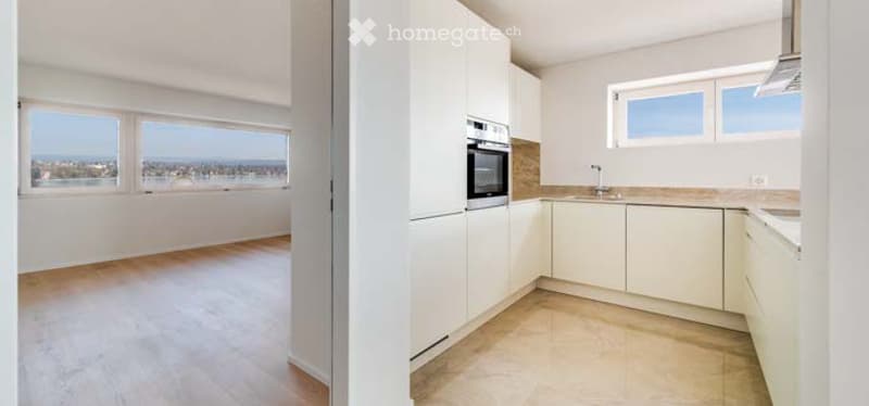 Modern kitchen with white cabinets, light wood flooring, and large windows offering a scenic view.
