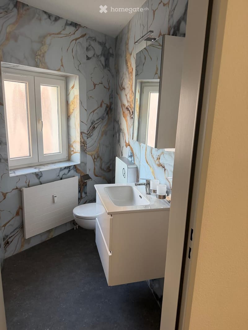 Bathroom. Modern bathroom with marble-patterned walls, a white sink with a chrome faucet, a toilet, and a mirrored cabinet.