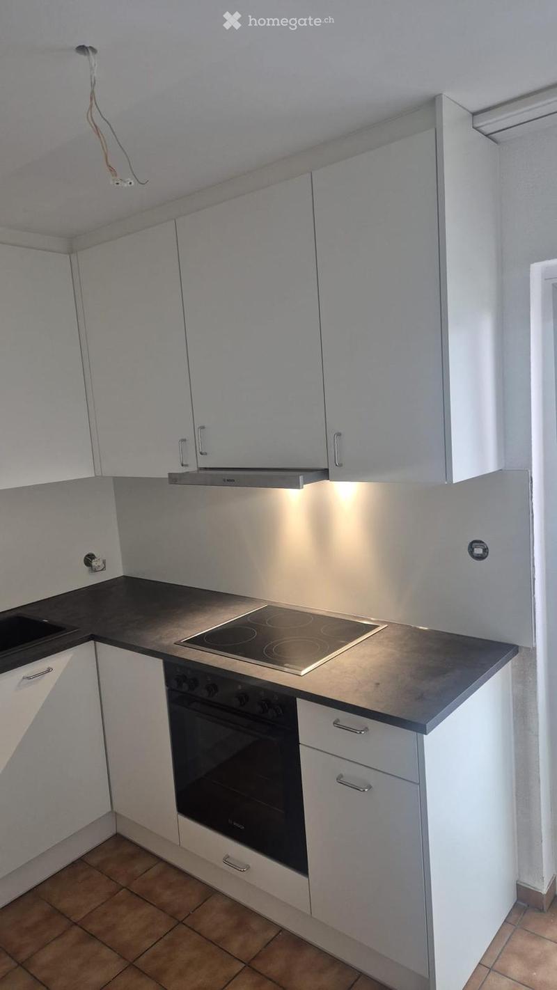 Kitchen. Modern kitchen with white cabinets, induction stove, oven, and a dark countertop.