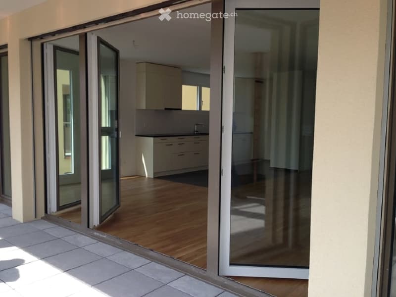 Open sliding glass doors lead into a modern kitchen area with light-colored cabinets, a sink, and a faucet.