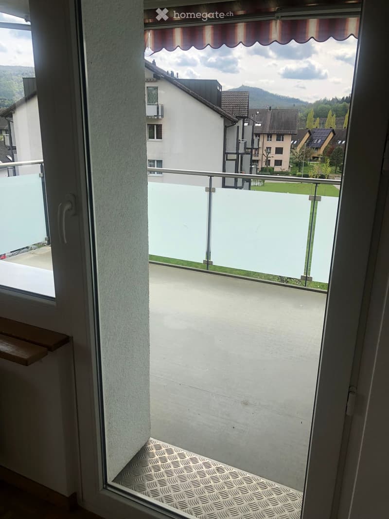 Balcony with glass railing, overlooking a residential area with houses, greenery, and a mountainous backdrop.