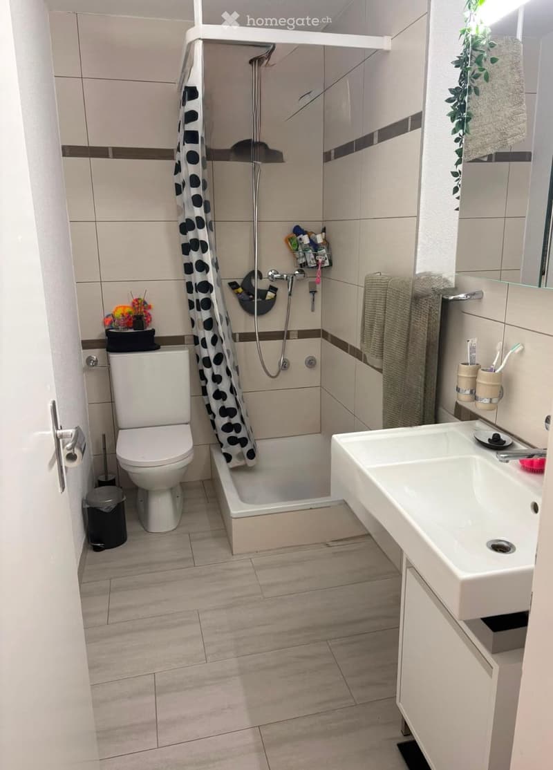 Modern bathroom with a white toilet, sink, bathtub, and shower area. Features a shower curtain with black polka dots, a mirror, and a small flower vase on the toilet tank.