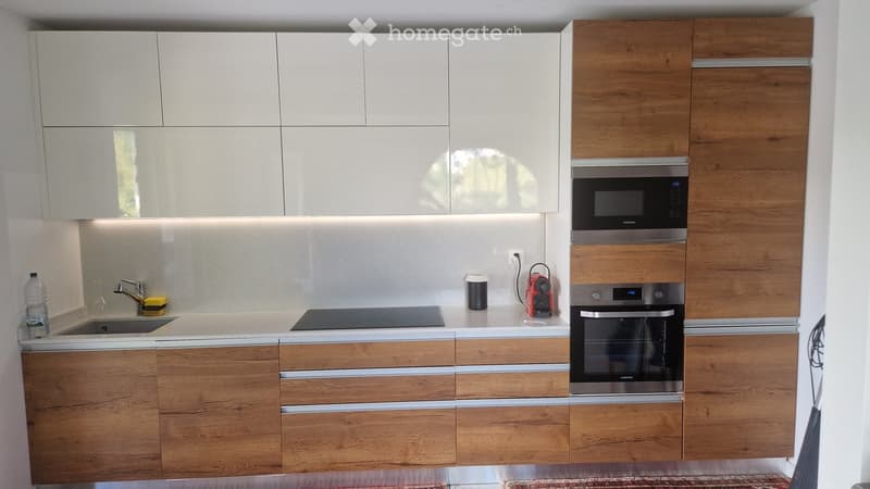 Modern kitchen with wooden and white cabinets, stainless steel appliances, and a sleek countertop.
