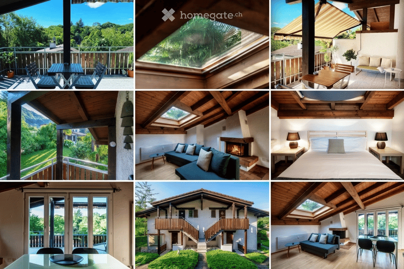 A collection of images showcasing a modern house with multiple balconies, terraces, and scenic views. The house features wooden interiors, cozy living spaces, and outdoor seating areas.
