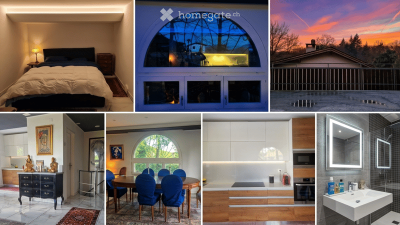 A collage of six interior and exterior views of a modern house, including a bedroom, living room, kitchen, bathroom, and exterior view at sunset.