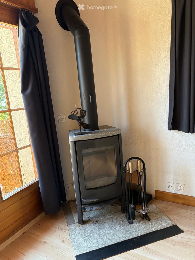 Wooden floor room with a modern black wood-burning fireplace, chimney, and fireplace tools nearby.