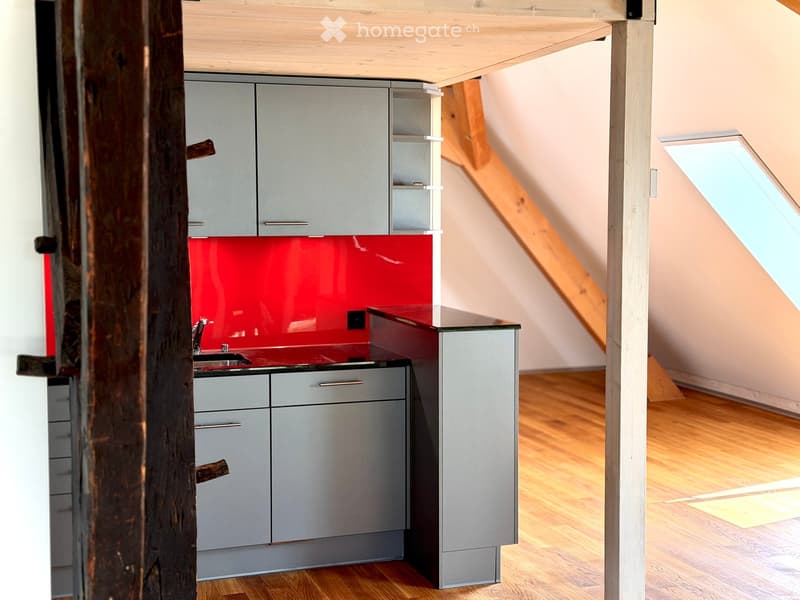 Modern kitchen with grey cabinets, red backsplash, and wooden flooring. Features a sink and faucet.