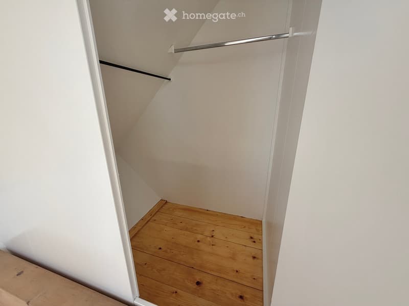 Empty room with wooden flooring and white walls, featuring built-in closet rods and a slanted ceiling.