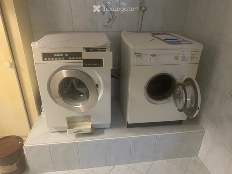 A compact bathroom area with a washing machine and dryer placed side by side on a tiled platform.