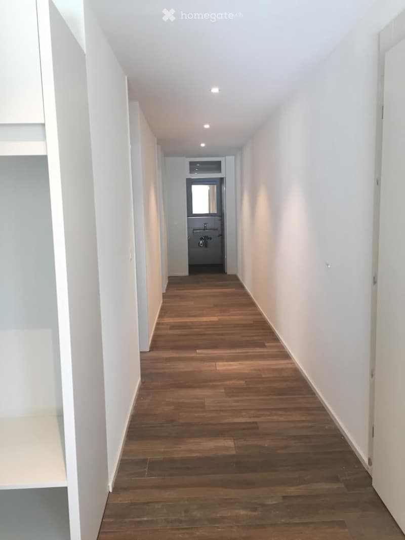 A long, narrow hallway with wooden flooring and white walls, featuring recessed ceiling lights and a closed door at the end.