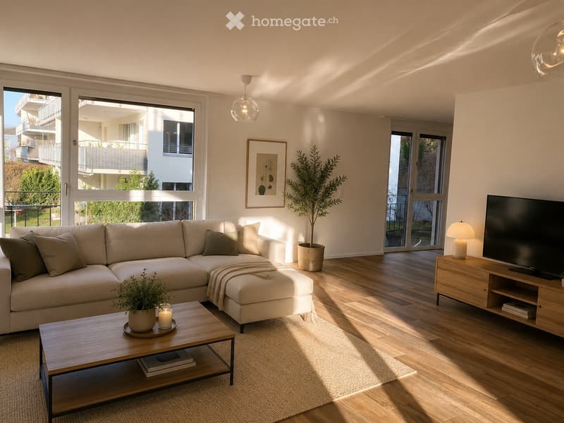 Modern living room with large windows and balcony access, featuring a sectional sofa, coffee table, TV, and decorative plants.