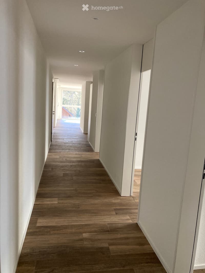 A long, narrow hallway with wooden flooring and white walls, featuring recessed ceiling lights and several doors leading to other rooms.