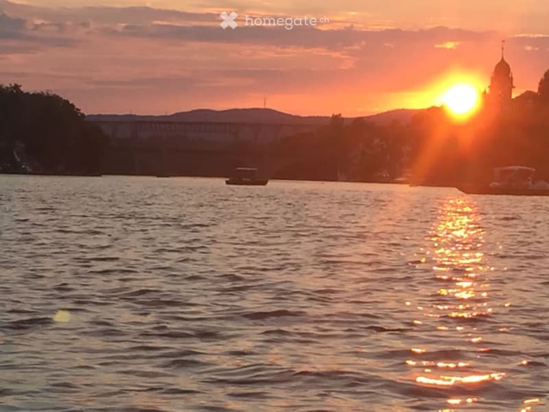 A serene sunset view over a body of water, with a distant bridge and silhouettes of trees and buildings.
