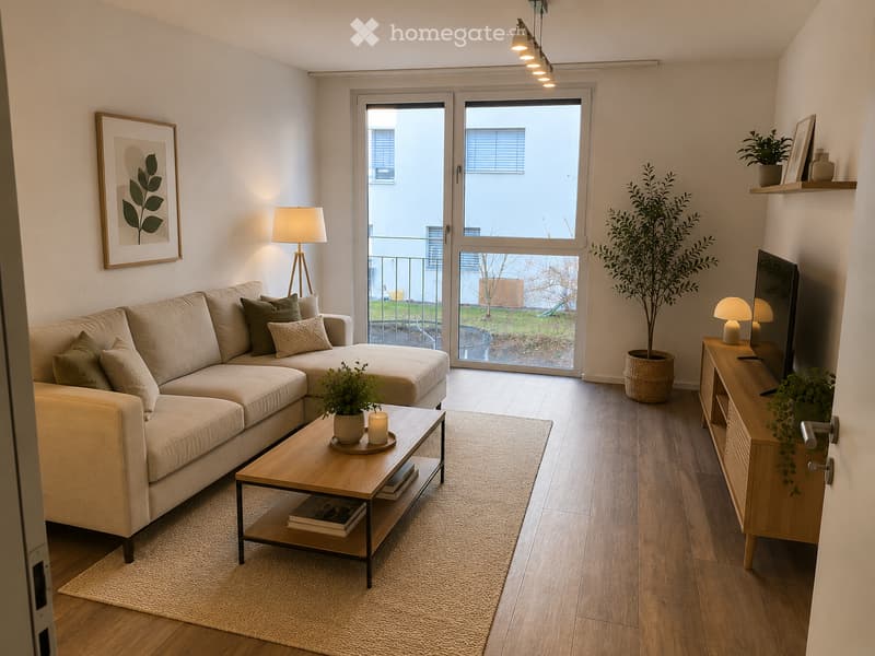 Modern living room with a beige sectional sofa, wooden coffee table, floor lamp, sideboard with TV, and decorative plants.