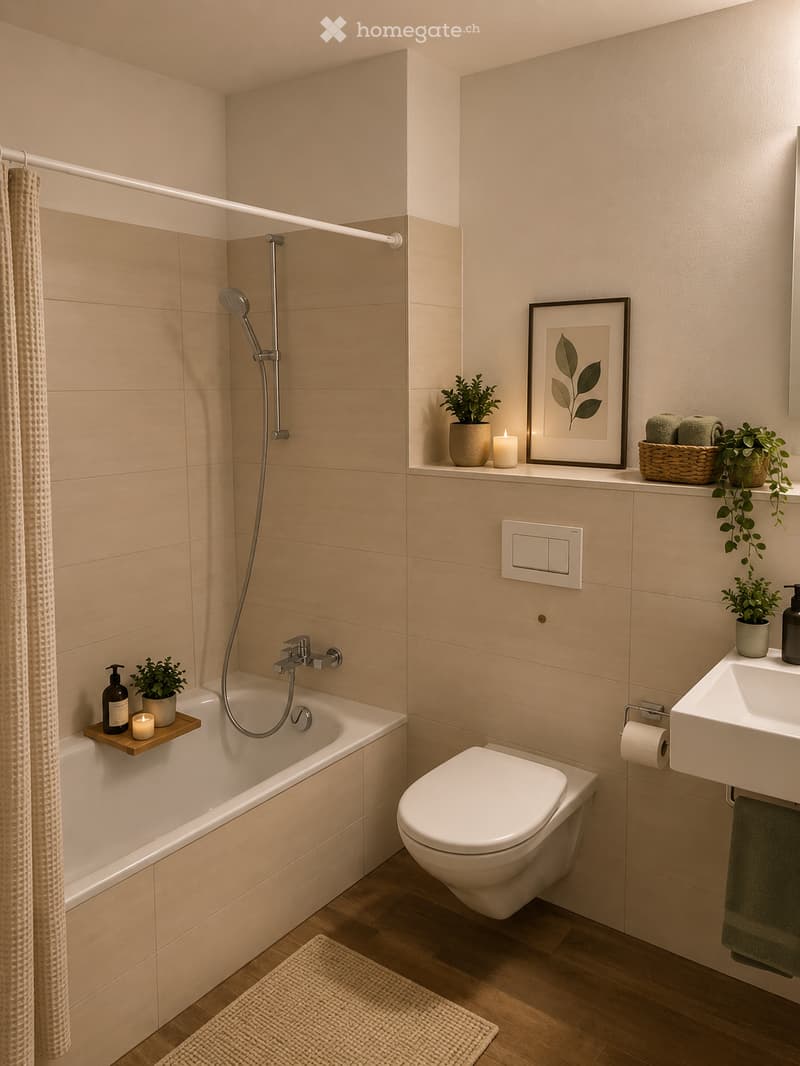 Modern bathroom with beige tiles, a bathtub, toilet, sink, showerhead, and decorative plants on shelves.