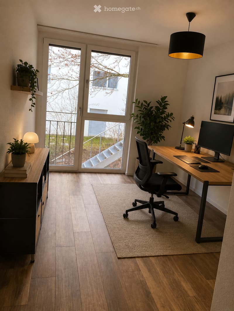 Modern, well-lit room with wooden flooring, a large desk with a computer setup, a comfortable office chair, and decorative plants. Features a large window with a view of a staircase leading outside.
