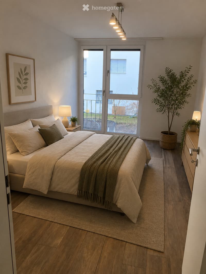 Modern bedroom with a large bed, nightstand, lamp, picture frame, and potted plants near the balcony door.