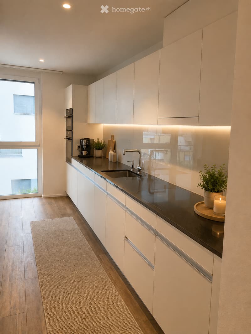 Modern kitchen with white cabinets, black countertops, a sink, coffee maker, and small decorative items.
