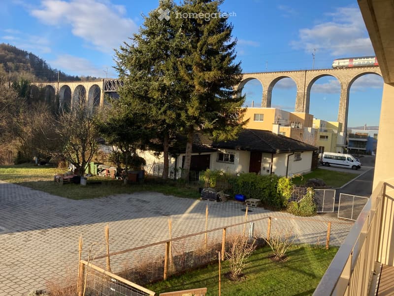 Balcony view of a garden area with a paved pathway, small lawn, scattered outdoor items, and a nearby house with a garage. A large stone aqueduct and train are visible in the background.
