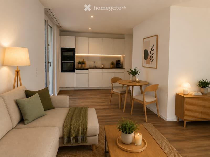 Modern open-plan living and dining area with a sofa, coffee table, dining table, chairs, kitchen cabinets, and appliances.