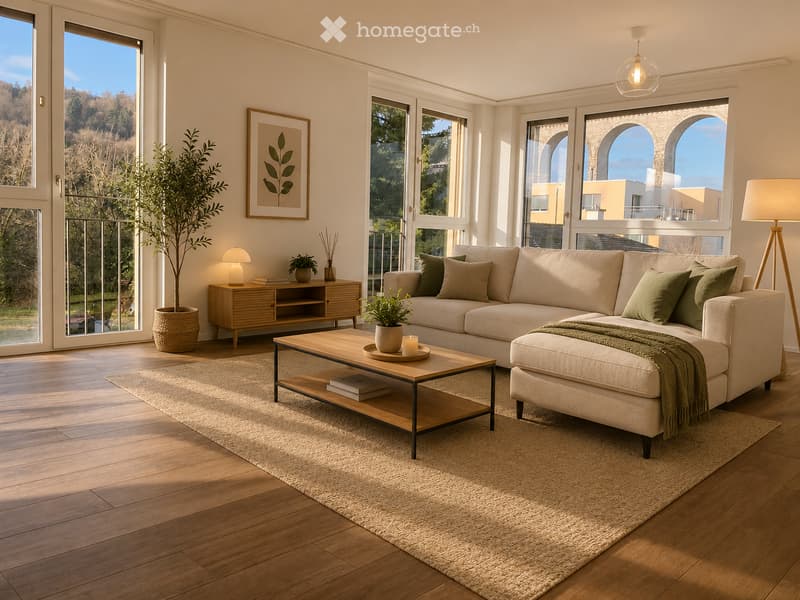 Modern living room with large windows offering a scenic view, featuring a beige sectional sofa, wooden coffee table, side table with a lamp, and decorative plants.