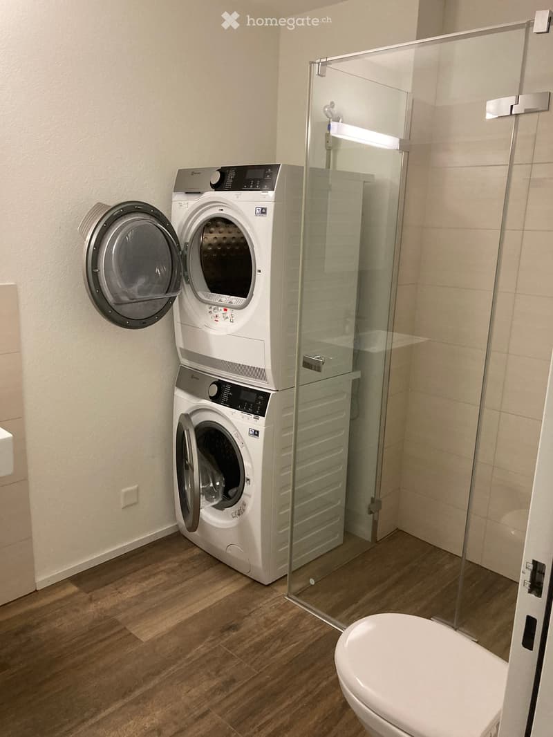 Bathroom with wooden flooring, a glass-enclosed shower, a toilet, and a stacked washing machine and dryer unit.