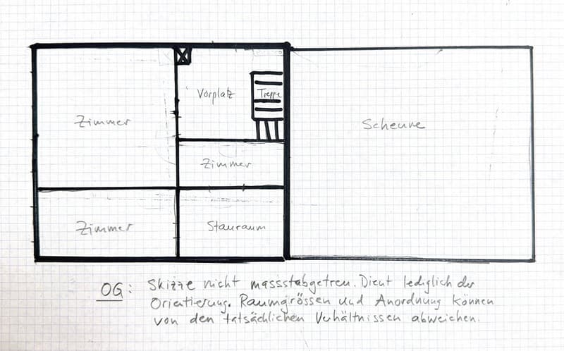 Floor plan sketch showing three bedrooms, a hallway, a staircase, and a living area. The layout is not to scale and serves as an orientation guide.