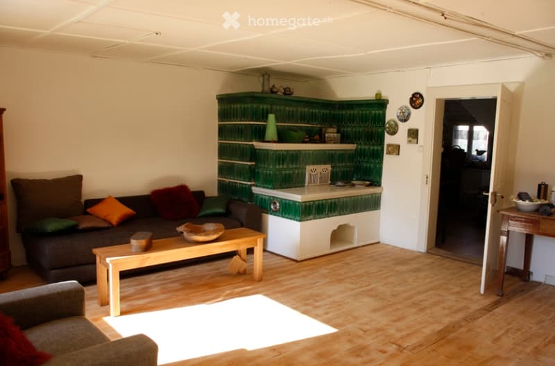 Living room with wooden floor, grey sofa with colorful cushions, wooden coffee table, green tiled fireplace, shelves with decorative items, and a small table with a bowl.