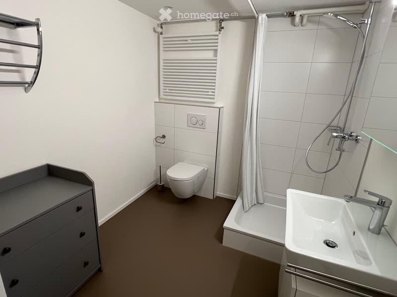 Modern compact bathroom, white tiles, separate shower area, white sink, white toilet, heating towel rack, gray storage drawer