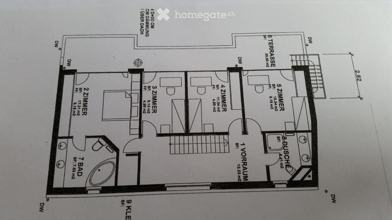 Floor plan of a 7-room apartment including a living room, kitchen, 5 bedrooms, 2 bathrooms, and a terrace.