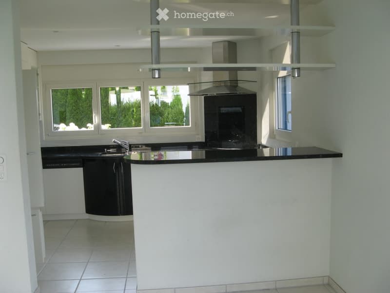 Modern kitchen with white cabinets, black countertop, stainless steel sink, dishwasher, and range hood. Large windows provide natural light.