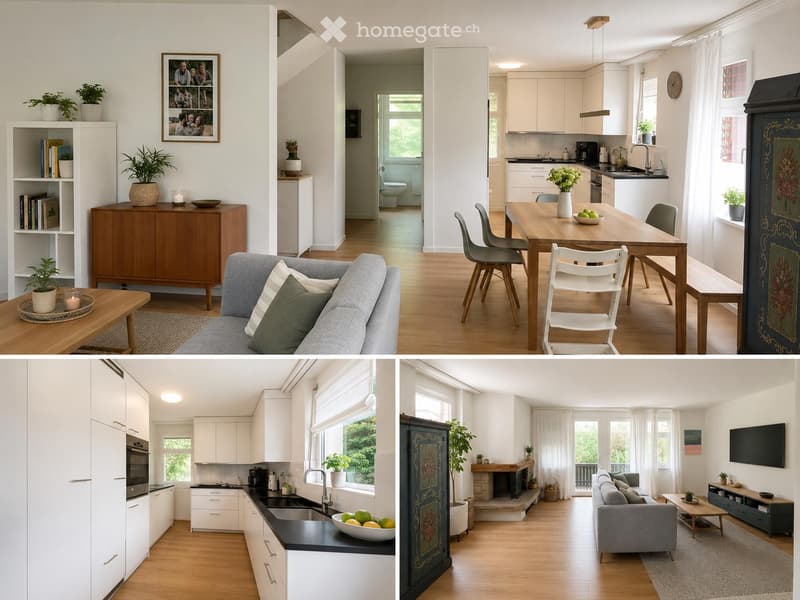 The image shows a modern, open-plan living and dining area with a grey sofa, coffee table, bookshelf, and cabinet. A dining table with chairs is visible, along with a kitchen area featuring white cabinets, a sink, and various appliances. A fireplace and t