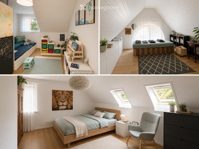 Three images of a cozy attic bedroom with wooden floors, white walls, and slanted ceilings. Features include a bed, sofa, bookshelf, nightstand, chair, and decorative elements like artwork and plants.