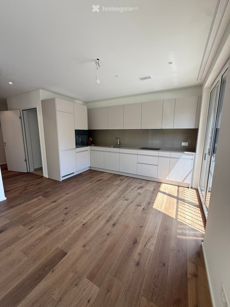 Modern kitchen with light-colored cabinets, wooden flooring, and a sleek sink area.