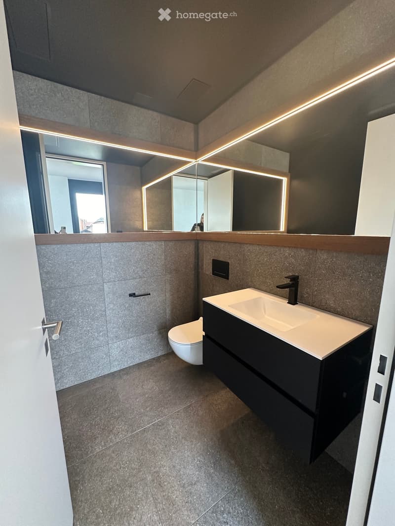Modern bathroom with a sleek sink, toilet, large mirror with LED lighting, and dark wooden cabinetry.
