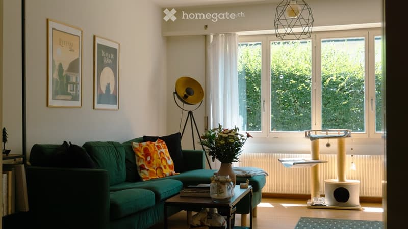 A modern living room with a green sofa, colorful throw pillow, coffee table with books and a vase of flowers, cat tree and cat bed, large windows with white curtains, and decorative wall art.