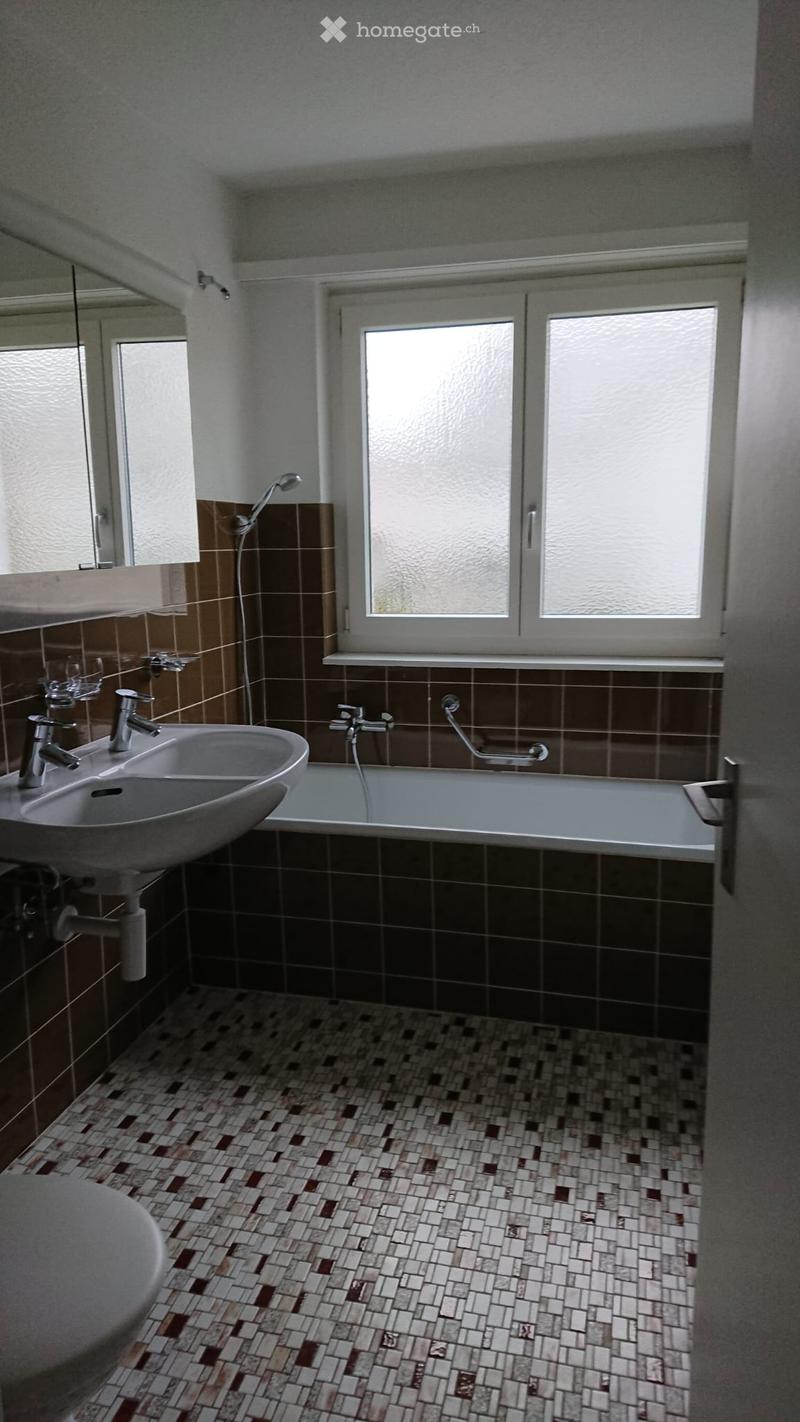 Bathroom with a sink, bathtub, and showerhead. The walls are tiled in brown and black, and the floor has a mosaic tile pattern. There is a window above the bathtub and a mirror above the sink.