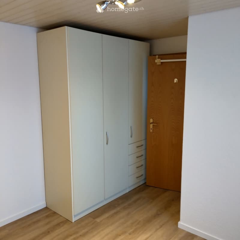 Empty room with light-colored wooden flooring, white walls, and built-in white cabinets with silver handles. A wooden closet door is visible on the right side.