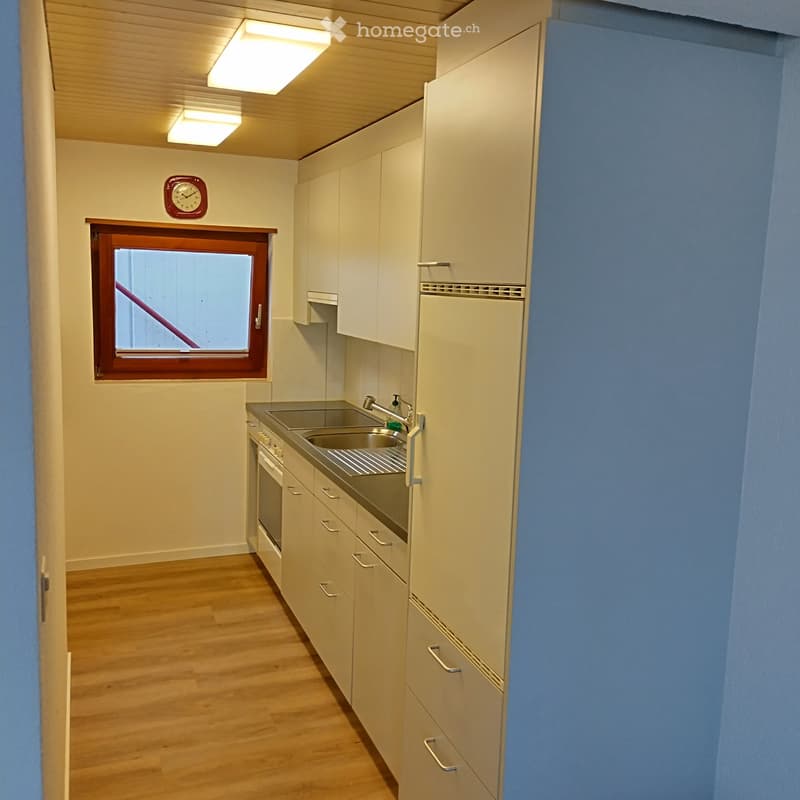Compact kitchen with light-colored cabinets, a sink, faucet, and an oven. The room features wooden flooring and a small window with a red frame.