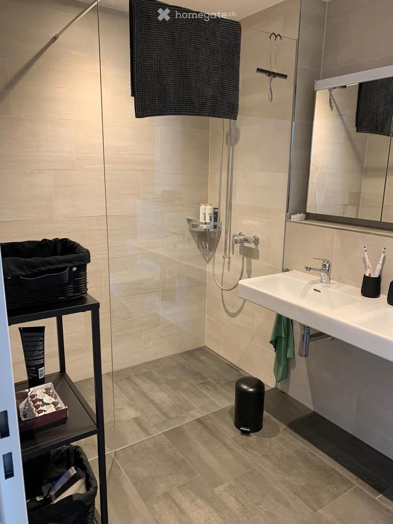 Modern bathroom with a glass-enclosed shower, a white sink with a modern faucet, a large mirror, and a black towel hanging on the wall. A small shelf holds toiletries, and a black trash bin is on the floor.