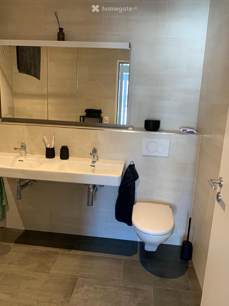 Modern bathroom with a double sink, toilet, large mirror, and various toiletries neatly arranged on the countertop.