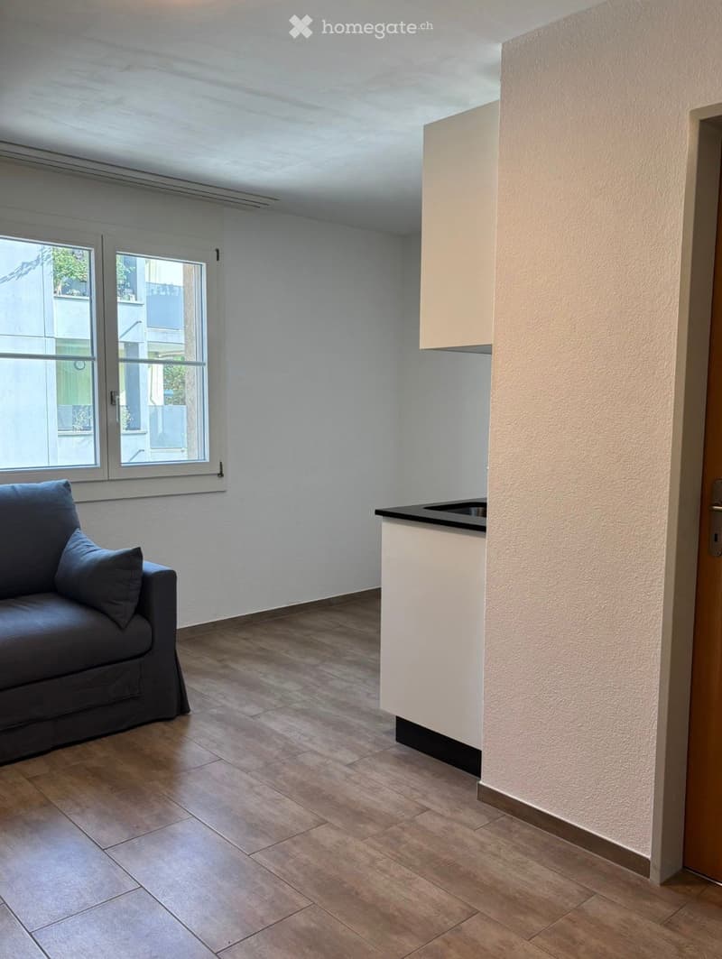 A modern, open-plan living and kitchen area with a dark grey sofa, a white kitchen counter, and large windows offering a view of the outside.