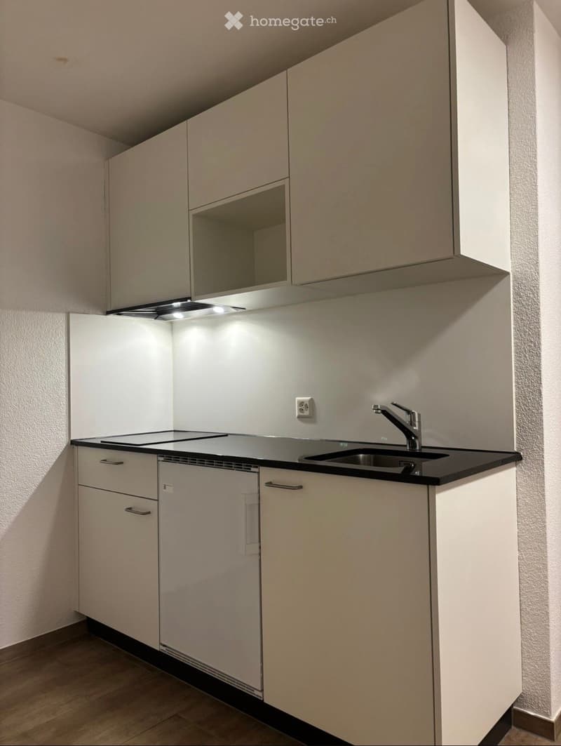 Modern kitchen with light-colored cabinets, black countertop, sink, and faucet. Features built-in storage and sleek design.